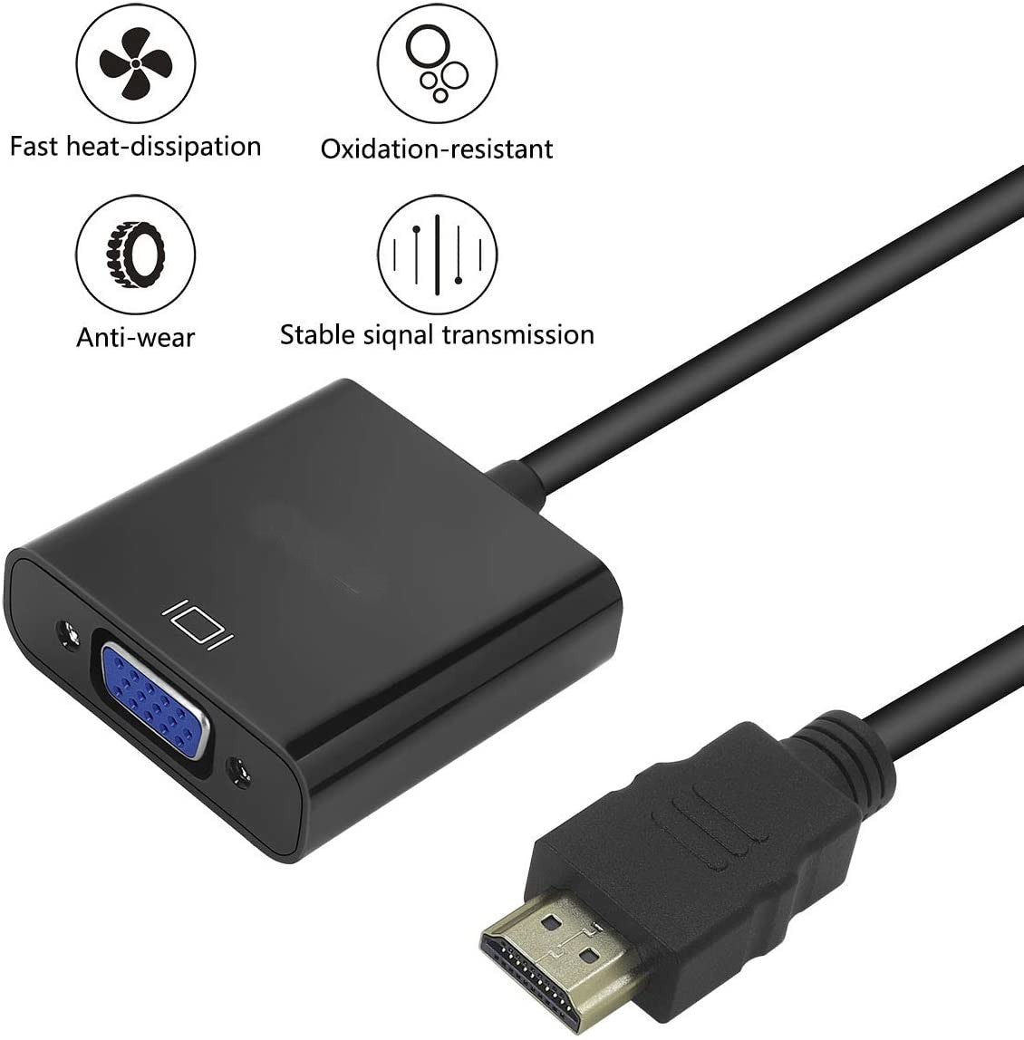HDMI to VGA, Gold-Plated HDMI to VGA Adapter (Male to Female)- Black