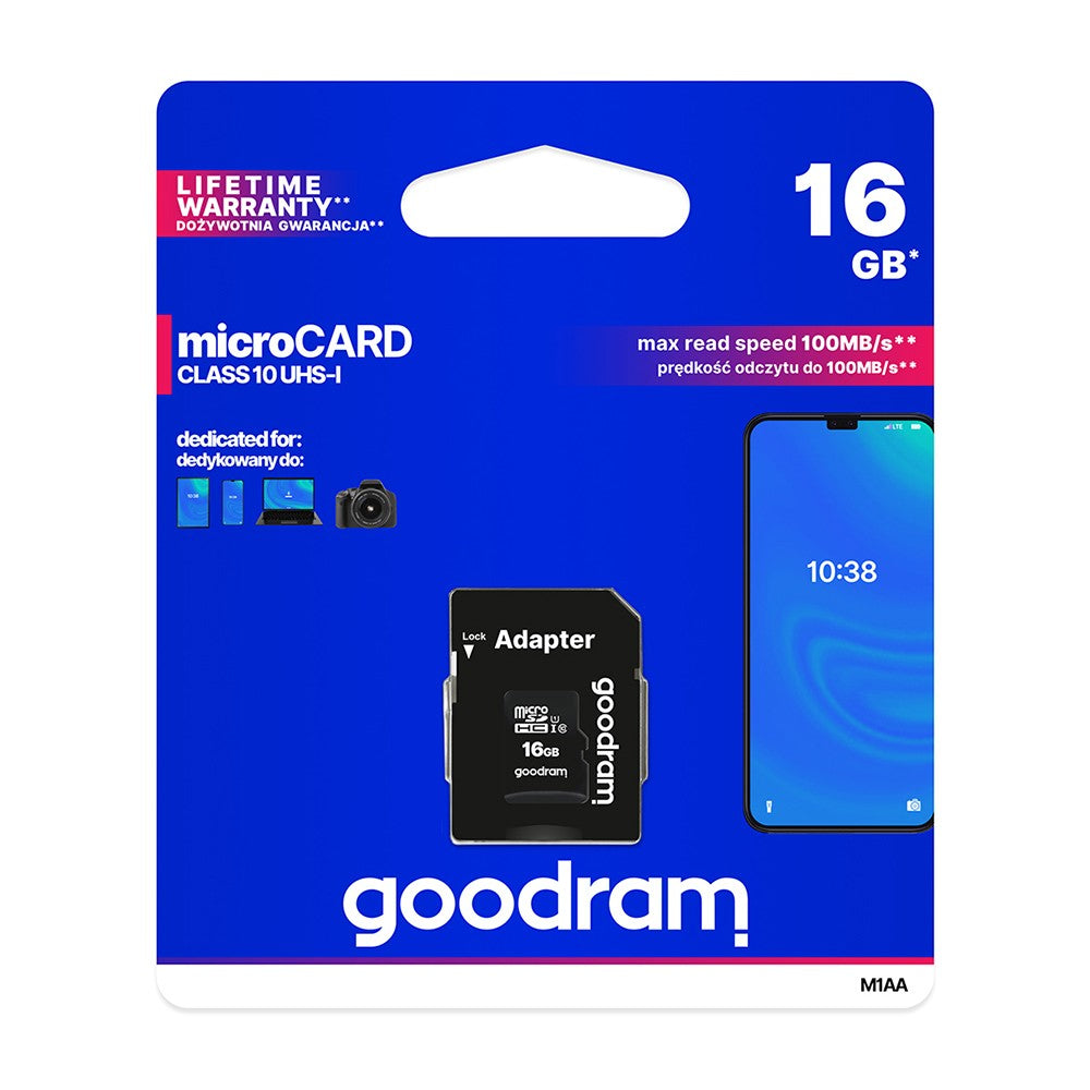 GOODRAM 16GB MicroSD Class 10 UHS I + adapter M1AA-0160R11